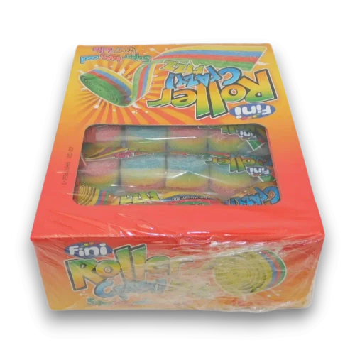 Rear label of Fini Roller Fizz Crazy display unit showing product information and nutrition panel at The Professors Online Lolly Shop.