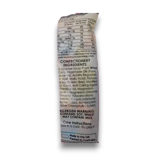 Close-up of Swizzles Curious Chews 350g bag with ingredients and nutrition information on the rear packaging.