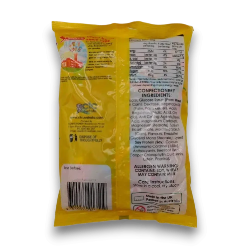 Close-up of Swizzels Scrumptious Sweets 350g bag with ingredients and nutrition information on the rear packaging.