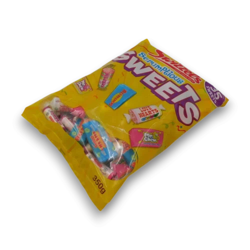 Swizzles Scrumptious Sweets 350g bag featuring assorted Swizzels individually wrapped confectionery.