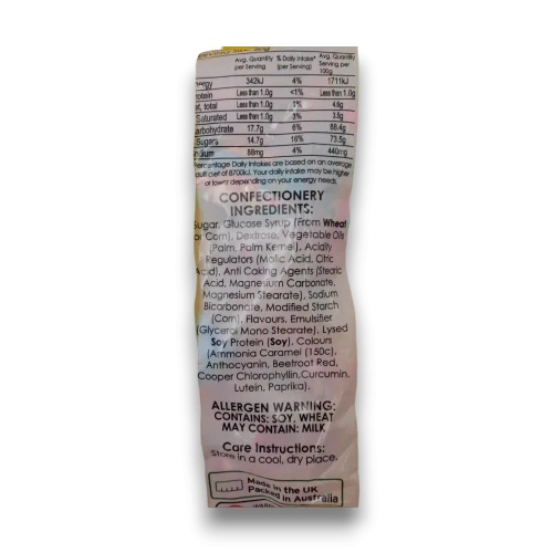 Swizzels Scrumptious Sweets 350g bag showing product information and nutrition panel at The Professors Online Lolly Shop.