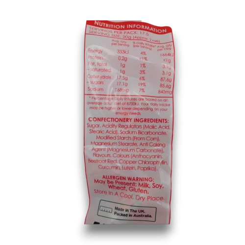 Close-up of Swizzles Love Hearts 350g bag with ingredients and nutrition information on the rear packaging.