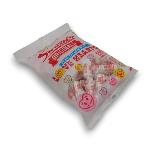 Swizzels Love Hearts 350g bag featuring individually wrapped Love Hearts rolls with limited edition emojis.