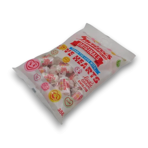 Swizzels Love Hearts 350g bag of classic individually wrapped fruit-flavoured sweet rolls.