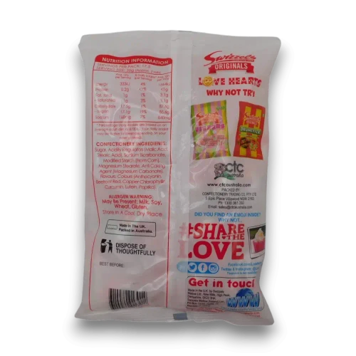 Swizzles Love Hearts 350g bag showing nutrition panel and product information at The Professors Online Lolly Shop.