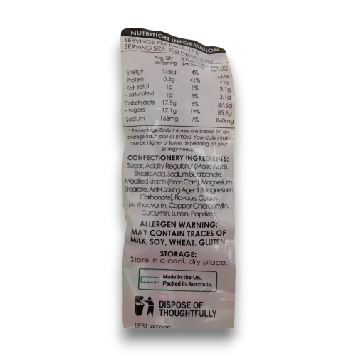 Close-up of the Swizzles Fizzers 350g ingredients and nutrition panel on the back of the packaging.