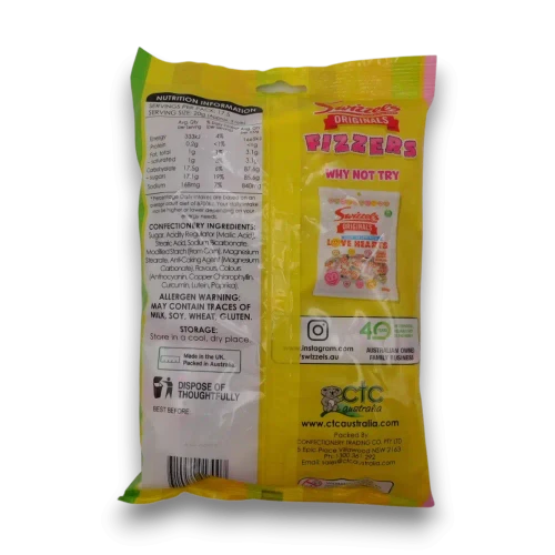Swizzels Fizzers 350g bag displaying nutrition information and product details from The Professors Online Lolly Shop.