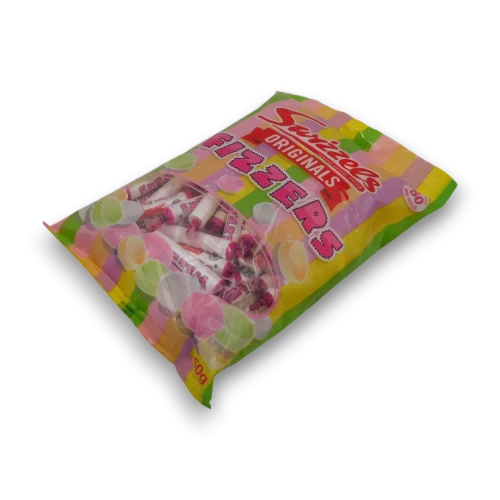 Swizzles Fizzers 350g bag showing individually wrapped mini fizzy sweet rolls from The Professors Online Lolly Shop.