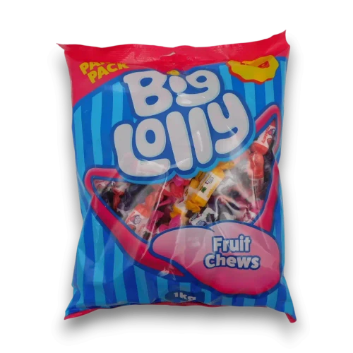 Big Lolly Fruit Chews 1kg bag with approximately 200 individually wrapped assorted fruit chews at The Professors Online Lolly Shop.