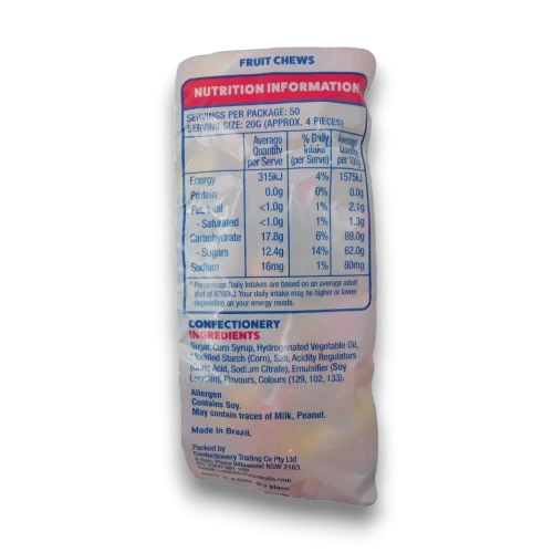 Nutritional panel of Big Lolly Fruit Chews 1kg bag