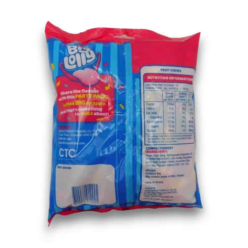Rear nutrition panel of Big Lolly Fruit Chews 1kg bag available at The Professors Online Lolly Shop.