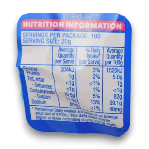 Nutritional information of Big Lolly - Sour Party Mix (2kg bag | ~300 x 6.5g pcs).