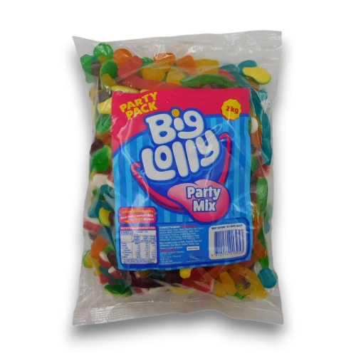 Big Lolly Party Mix 2kg bag with approximately 250 assorted gummy lollies available at The Professors Online Lolly Shop.