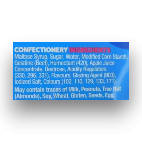 Big Lolly Party Mix ingredients panel on the 2kg assorted gummy lolly bag from The Professors Online Lolly Shop.