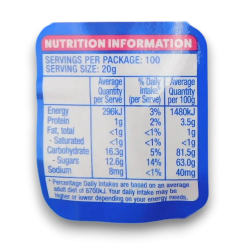 Big Lolly Party Mix nutrition information panel for the 2kg assorted gummy lolly bag from The Professors Online Lolly Shop.