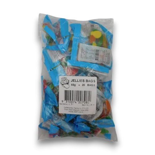 Big Lolly Jelly Bags 1.3kg bag containing 20 individually packed 65g assorted jelly lolly bags from The Professors Online Lolly Shop.