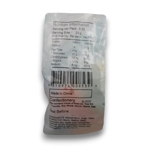 Close-up of an individual Big Lolly Jelly Bag showing assorted gummy lollies and product information from The Professors Online Lolly Shop.