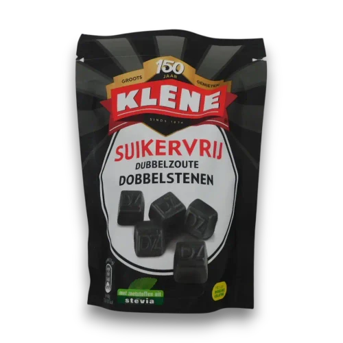 Klene Double Salted Sugar Free Dice 110g bag front view showing black dice-shaped Dutch liquorice pieces