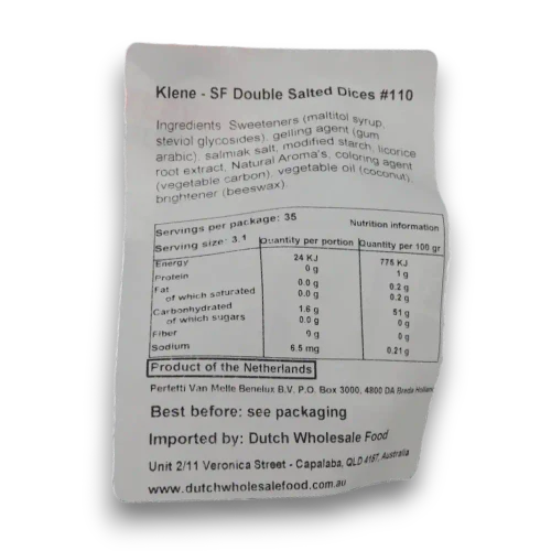 Klene Double Salted Sugar Free Dice ingredient and nutrition label with serving and importer information