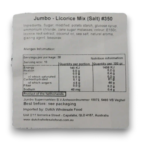 Jumbo DropMix Zout Assorted Salty Licorice 350g bag ingredient and nutrition label showing Australian details