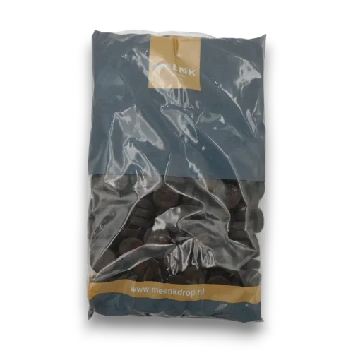 Meenk Bisal Rond Triple Salt 1kg bag front view showing dark round Dutch liquorice discs through the window