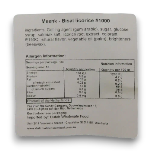 Meenk Bisal Rond Triple Salt ingredients and nutrition label identifying the liquorice as a product of the Netherlands