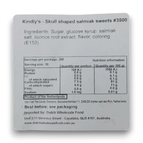 Kindlys Salmiak Doodskopjes Skulls product label showing ingredients, nutrition information and Netherlands origin