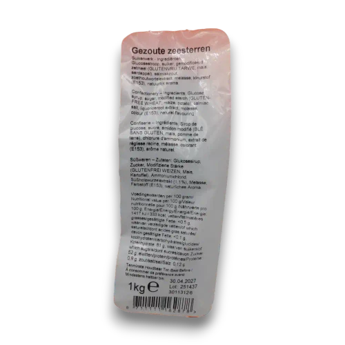 Matthijs Gezoute Zeesterren Salty Licorice Starfish ingredient and nutrition label on the 1kg bulk bag