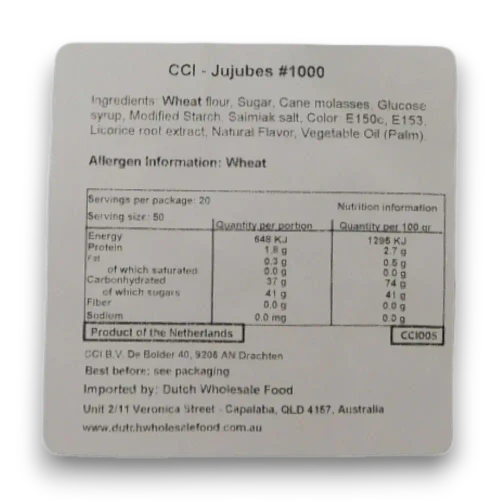 K & H Dutch Licorice Salty Jubes ingredient and nutrition label identifying wheat allergen and Netherlands origin