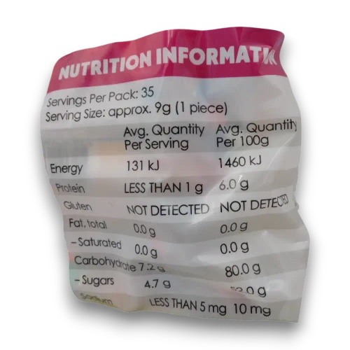 Lolliland Gummi Party Favourites nutrition panel showing 35 servings and an approximate 9g piece size