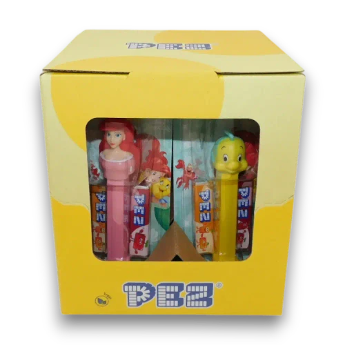 PEZ The Little Mermaid display unit showing Ariel and Flounder dispensers through the box window