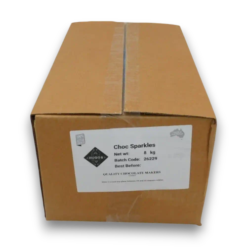 Hugos Chocolates Milk Choc Sparkles 8kg box label showing product name, net weight and storage details.