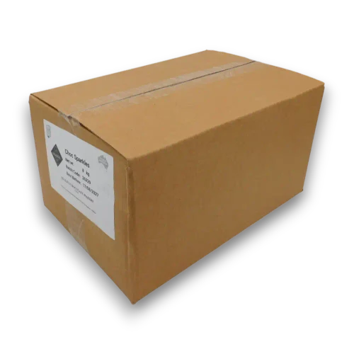 Hugos Chocolates Milk Choc Sparkles 8kg cardboard box shown from the right side on a black background.