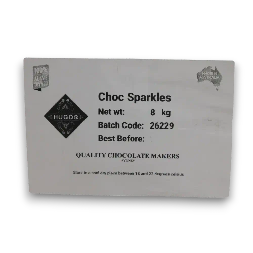 Hugos Chocolates Milk Choc Sparkles 8kg bulk box shown from the front with the Choc Sparkles label.