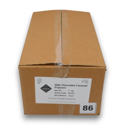 Hugos Chocolates Milk Chocolate Caramel Popcorn 5kg box front view with label at The Professors Online Lolly Shop