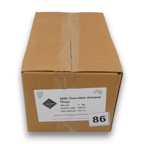 Hugos Chocolates Milk Chocolate Aniseed Rings 5kg box front view with label at The Professors Online Lolly Shop
