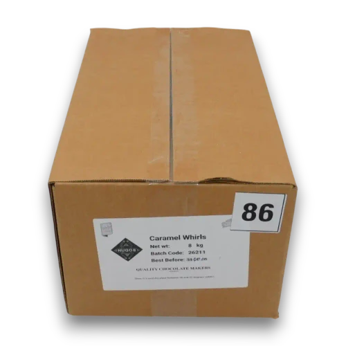 Hugos Chocolates Whirls Caramel 8kg box front view with product label, from The Professors Online Lolly Shop