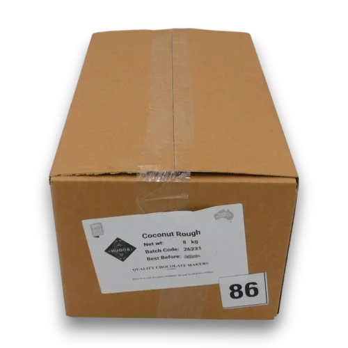 Hugos Chocolates Milk Chocolate Coconut Rough 8kg bulk box with front product label, sold online by The Professors