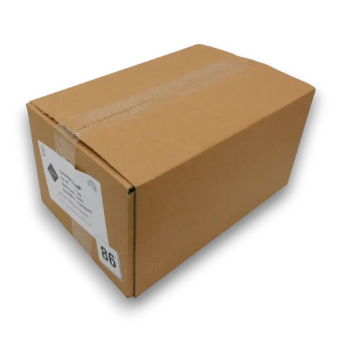 Hugos Chocolates Milk Chocolate Coconut Rough 8kg cardboard box shown from the right, online at The Professors
