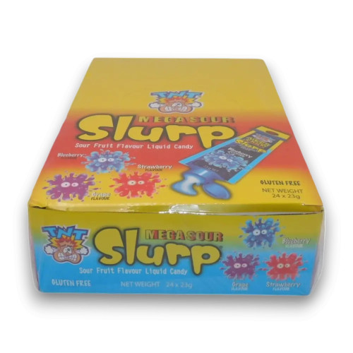 TNT Mega Sour Slurp sour liquid candy tubes in assorted flavours, packed in a 24-count display box, gluten-free