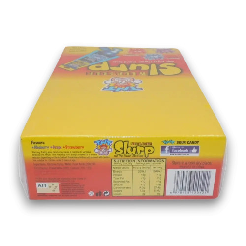 Assorted TNT Mega Sour Slurp 24-pack of 23g tubes featuring intense sour liquid candy, ideal for Australian lolly shops