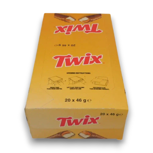 Twix display unit with 20 x 46g chocolate bars, front view of the orange branded carton at The Professors