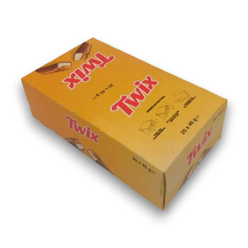 Twix 20 x 46g bar display unit, left carton view with opening instructions, available from The Professors