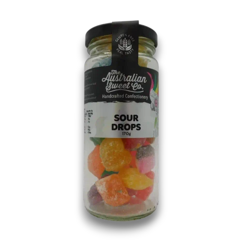 The Australian Sweet Co Sour Drops 170g jar front view with assorted handcrafted sweets and gluten-free label
