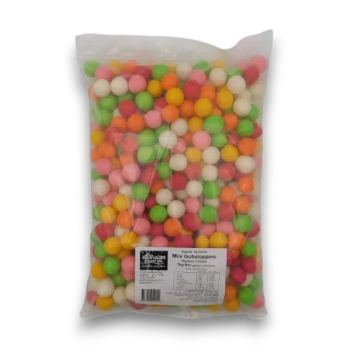 The Australian Sweet Co Rainbow Mini Gobstoppers 3kg bag front view with approximately 375 assorted balls