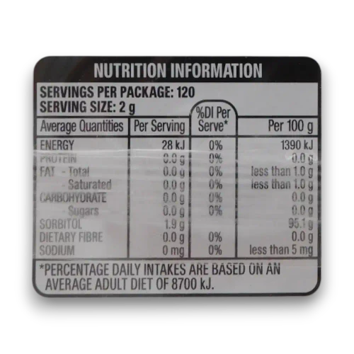 Eclipse Strawberry Mints 40g tin nutrition information panel showing serving size and average quantities