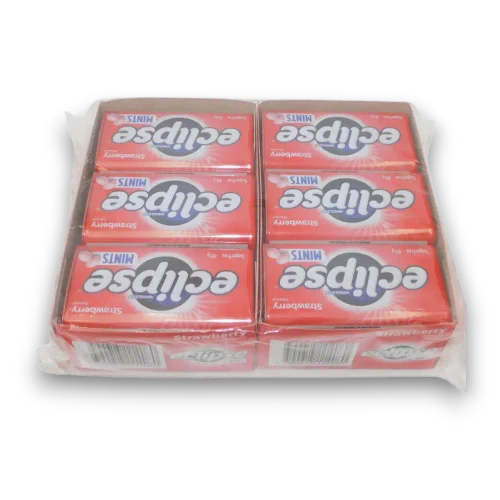 Eclipse Strawberry Mints 12-tin retail tray shown from the right with pink strawberry-flavoured mint tins
