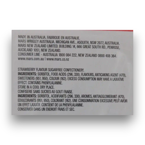 Eclipse Strawberry Mints 40g tin label showing ingredients, storage directions and product information