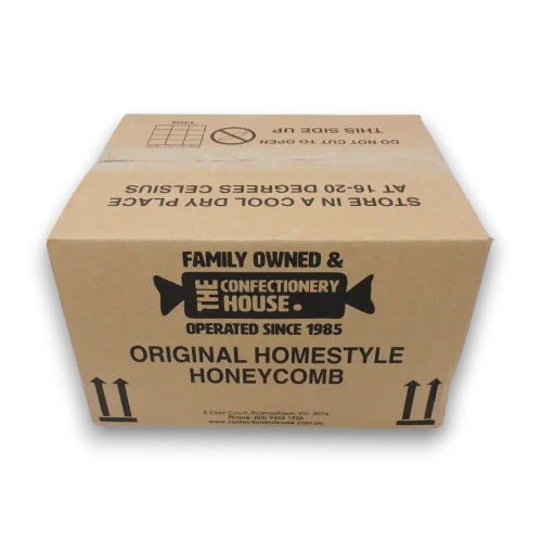 Front view of The Confectionery House Milk Choc Honeycomb 8kg carton with original homestyle honeycomb branding.