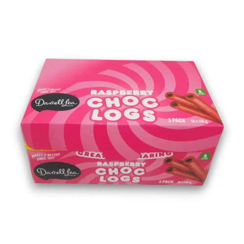 Front view of Darrell Lea Raspberry Choc Logs display holding ten 110g three-packs in bright pink packaging.